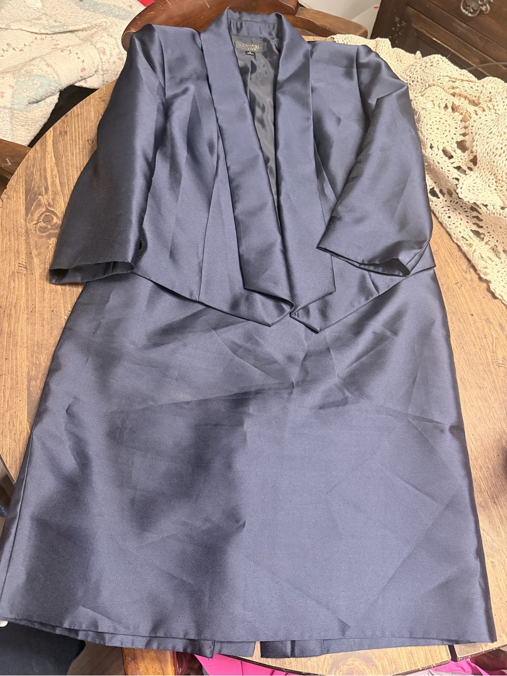 Tahari Luxe  Satin Skirt  suit in Navy - Sleek A-Line Style